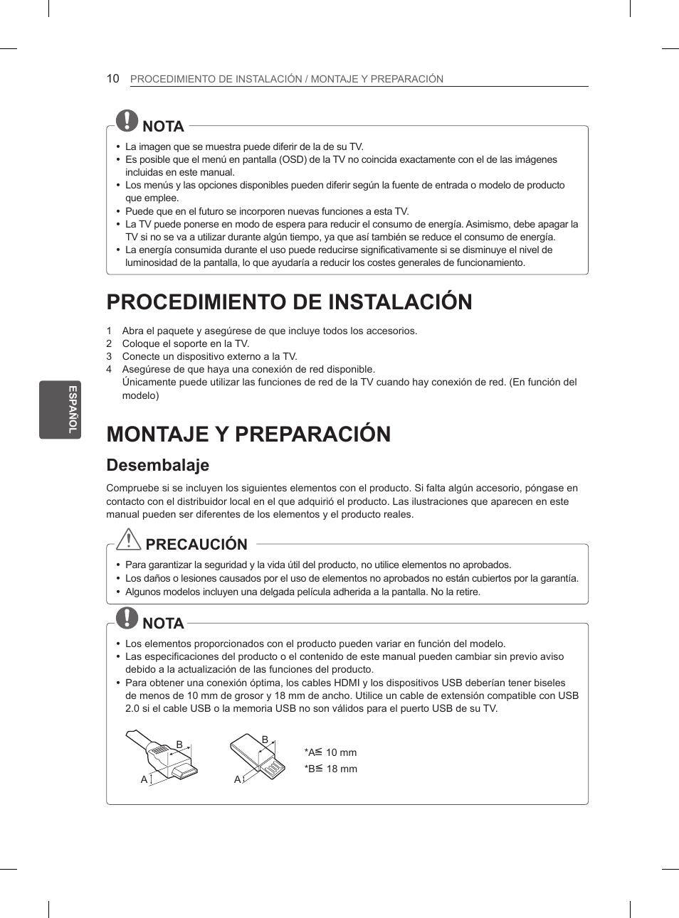 Procedimiento de instalación, Montaje y preparación, Desembalaje | Nota, Precaución | LG 26LN450B User Manual | Page 101 / 223