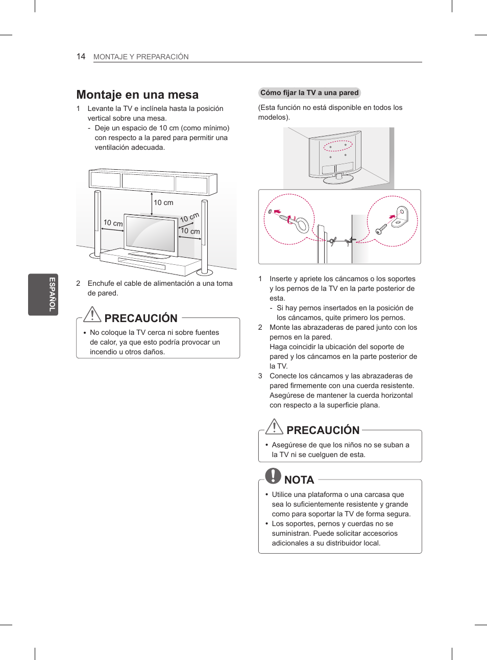 Montaje en una mesa, Precaución, Nota | LG 26LN450B User Manual | Page 105 / 223