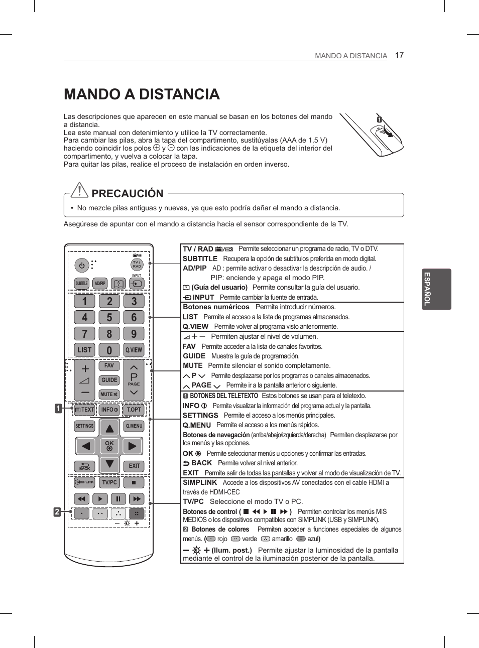 Mando a distancia, Precaución | LG 26LN450B User Manual | Page 108 / 223