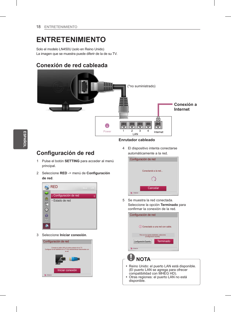 Entretenimiento, Configuración de red, Conexión de red cableada | Nota, Conexión a internet | LG 26LN450B User Manual | Page 109 / 223