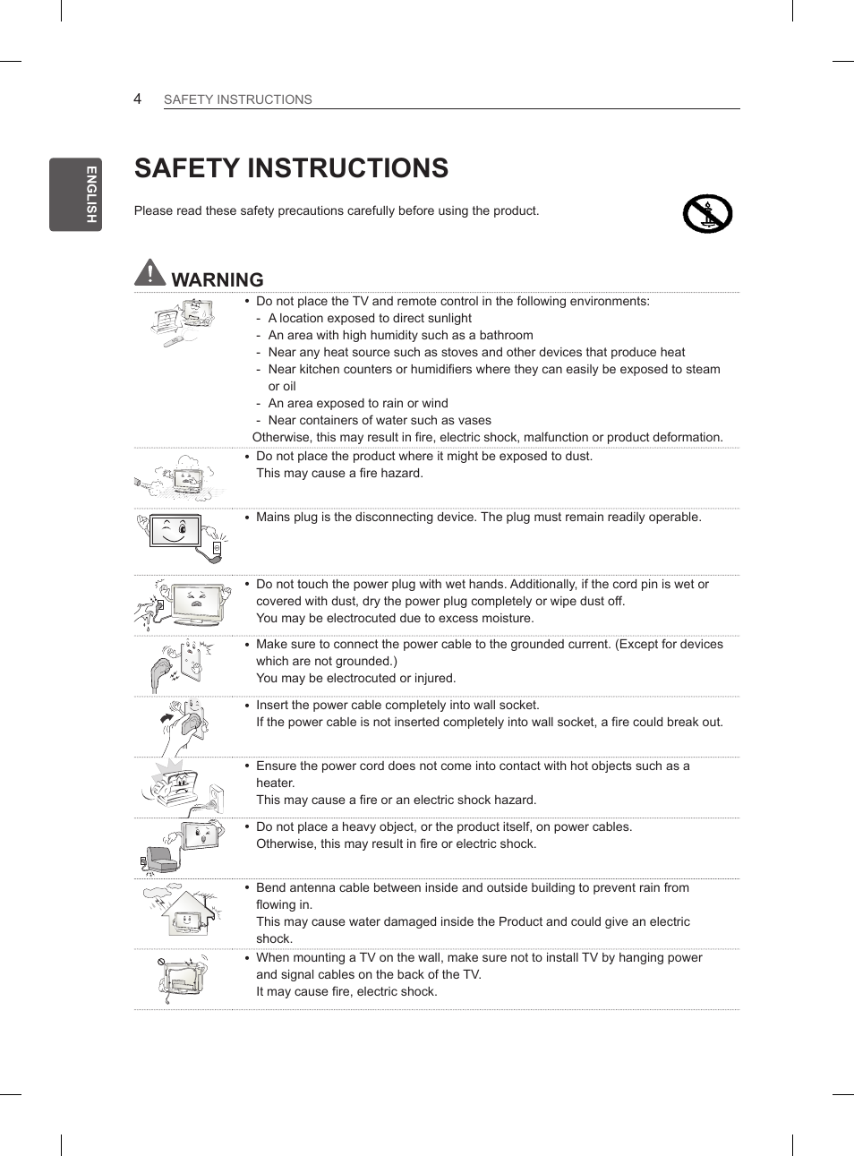 Safety instructions, Warning | LG 26LN450B User Manual | Page 11 / 223