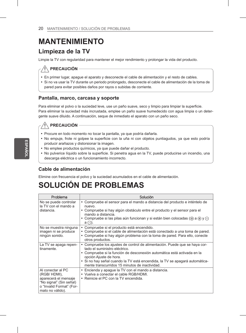 Solución de problemas, Mantenimiento, Limpieza de la tv | LG 26LN450B User Manual | Page 111 / 223