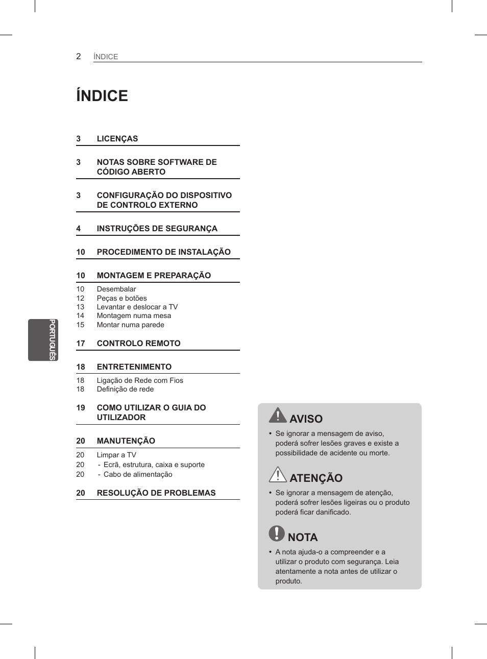 Índice, Aviso, Atenção | Nota | LG 26LN450B User Manual | Page 113 / 223