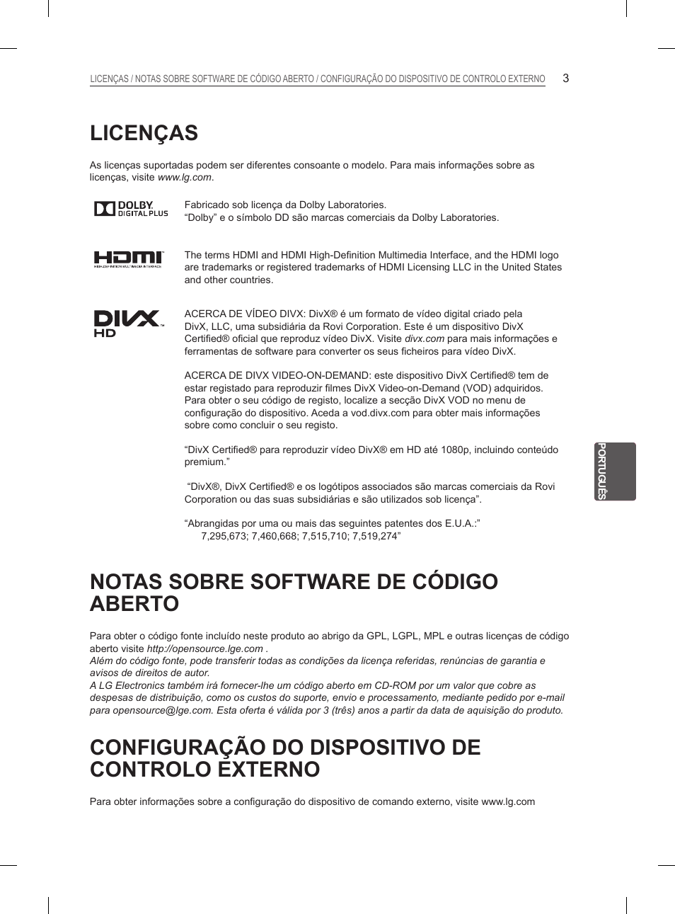 Licenças, Notas sobre software de código aberto, Configuração do dispositivo de controlo externo | LG 26LN450B User Manual | Page 114 / 223
