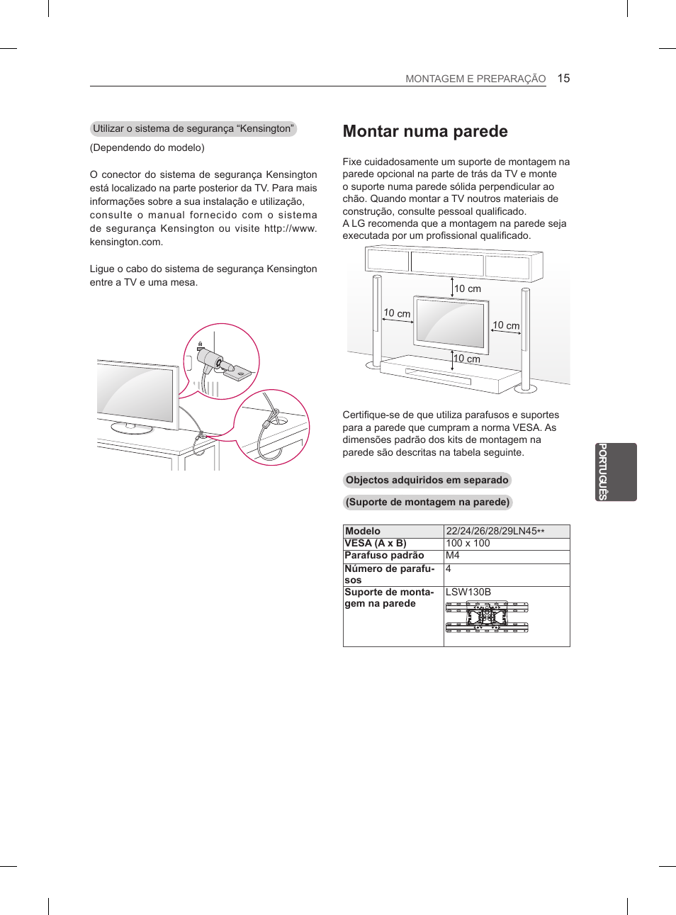 Montar numa parede | LG 26LN450B User Manual | Page 126 / 223