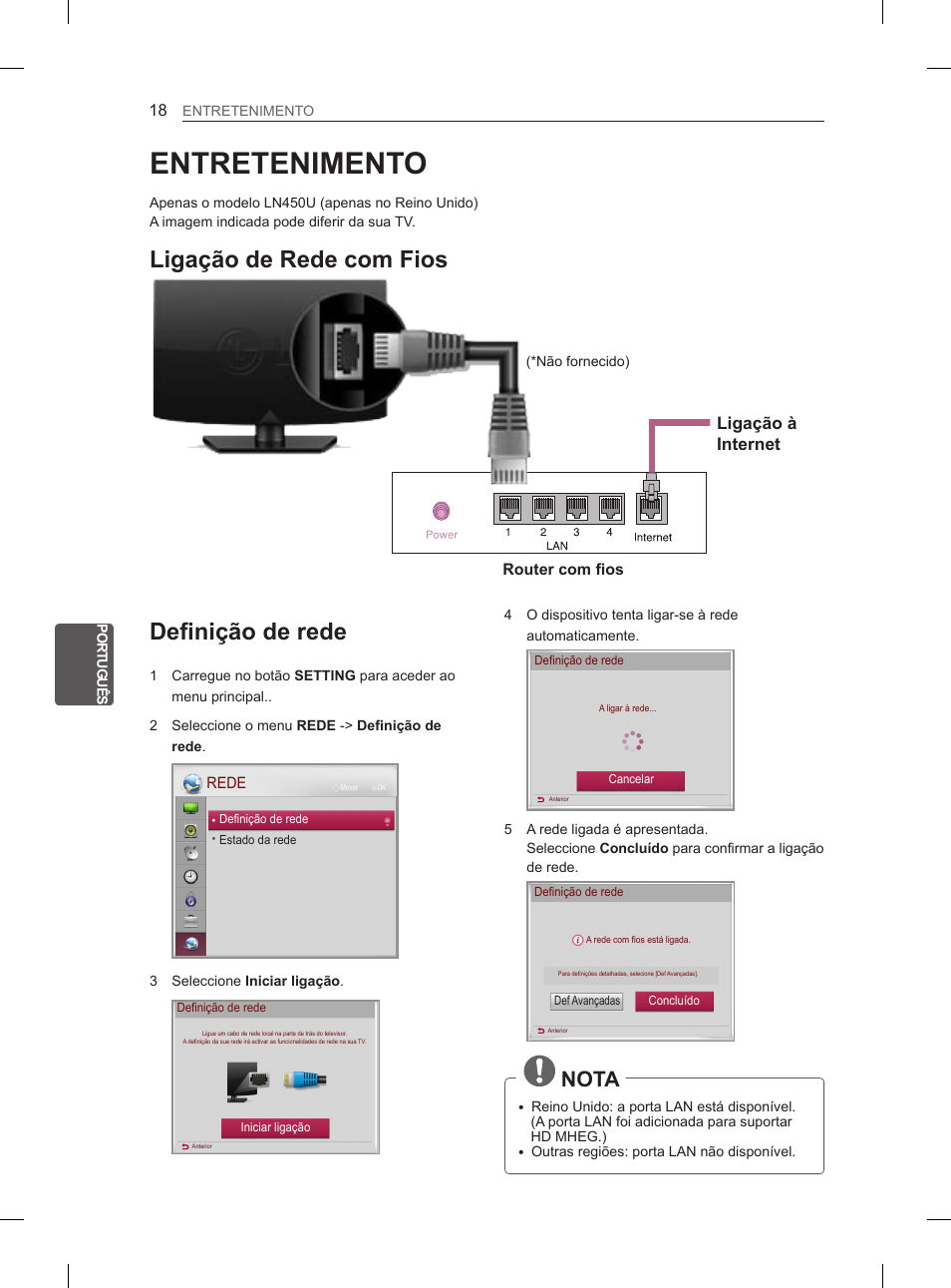 Entretenimento, Definição de rede, Ligação de rede com fios | Nota, Ligação à internet | LG 26LN450B User Manual | Page 129 / 223