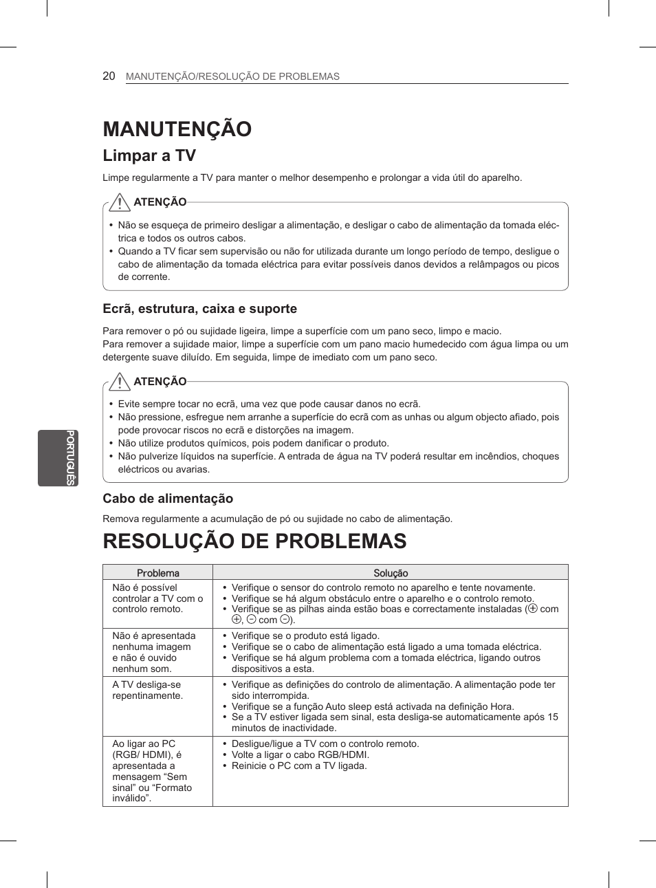 Resolução de problemas, Manutenção, Limpar a tv | LG 26LN450B User Manual | Page 131 / 223