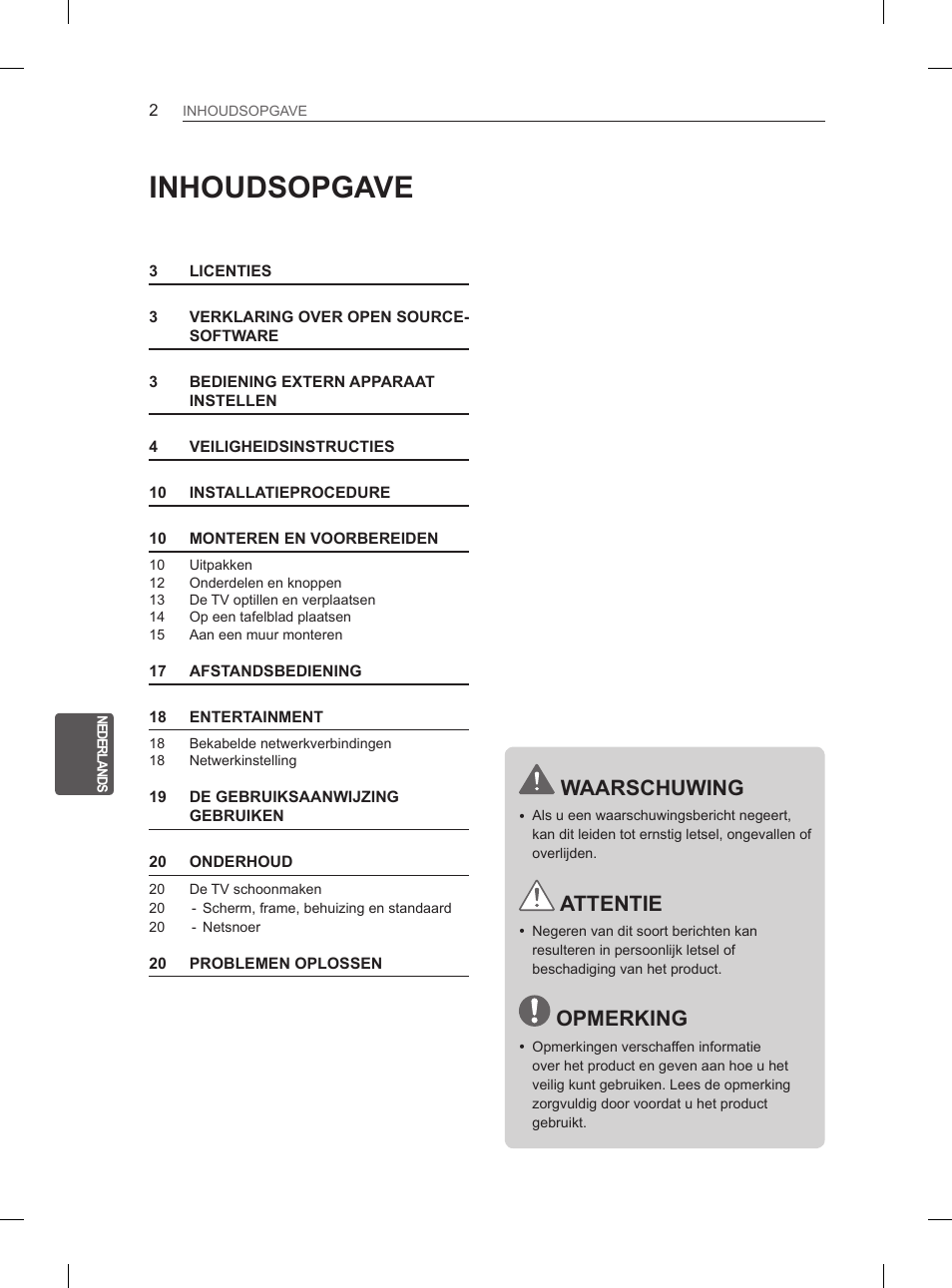 Inhoudsopgave, Waarschuwing, Attentie | Opmerking | LG 26LN450B User Manual | Page 133 / 223