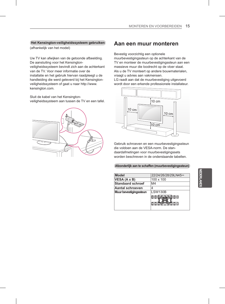 Aan een muur monteren | LG 26LN450B User Manual | Page 146 / 223