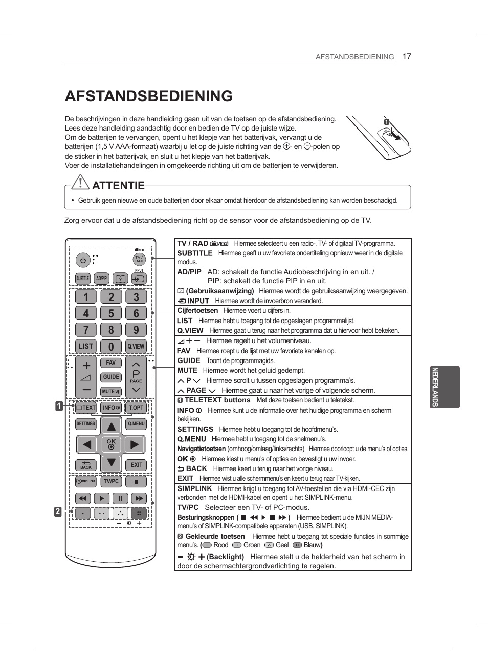 Afstandsbediening, Attentie | LG 26LN450B User Manual | Page 148 / 223