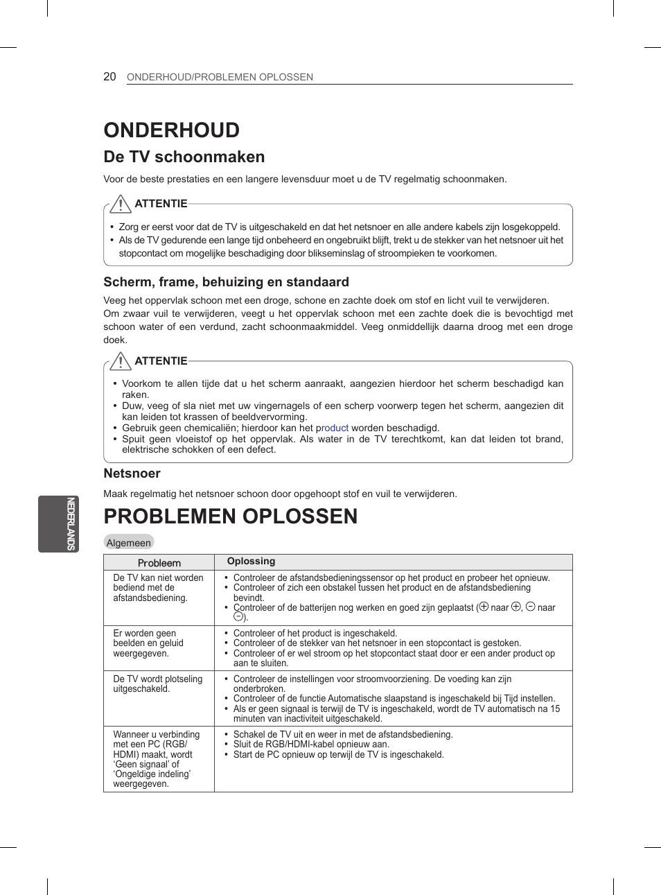 Problemen oplossen, Onderhoud, De tv schoonmaken | LG 26LN450B User Manual | Page 151 / 223