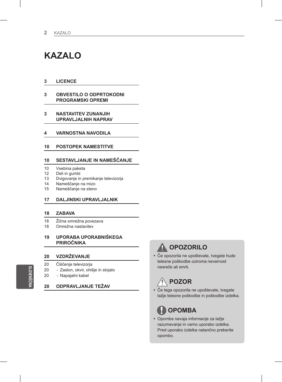 Kazalo, Opozorilo, Pozor | Opomba | LG 26LN450B User Manual | Page 173 / 223