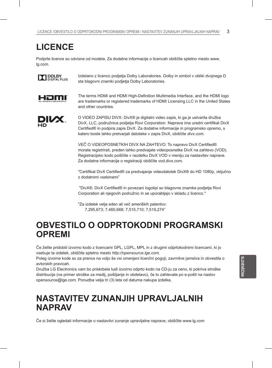 Licence, Obvestilo o odprtokodni programski opremi, Nastavitev zunanjih upravljalnih naprav | LG 26LN450B User Manual | Page 174 / 223