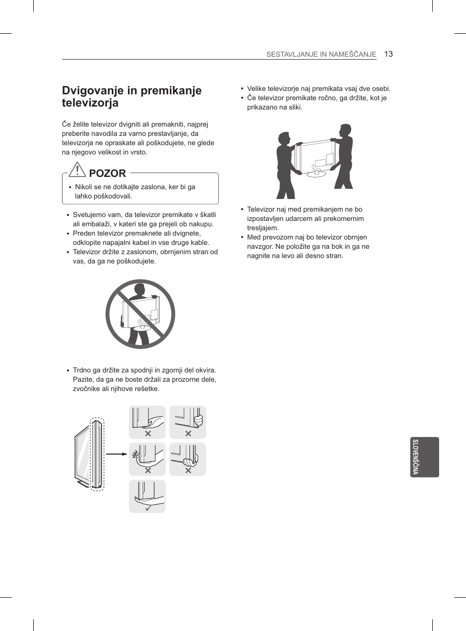 Dvigovanje in premikanje televizorja, Pozor | LG 26LN450B User Manual | Page 184 / 223
