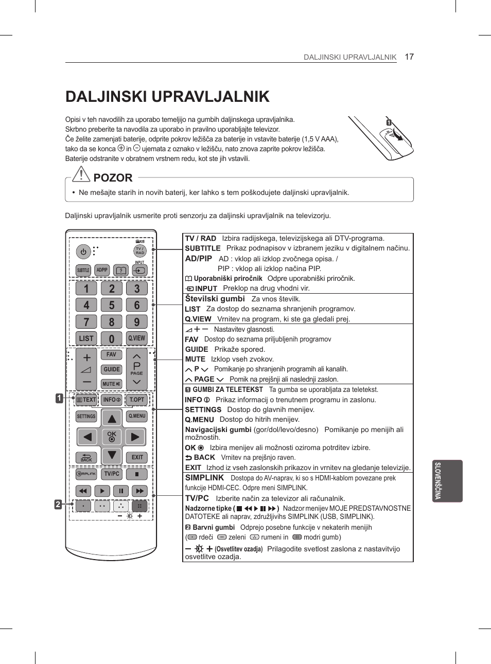Daljinski upravljalnik, Pozor | LG 26LN450B User Manual | Page 188 / 223