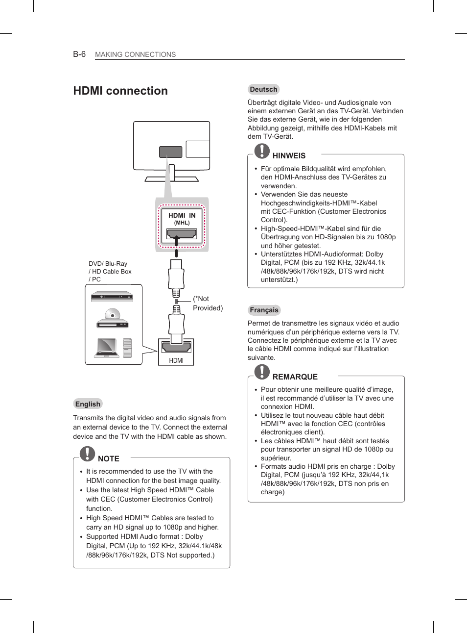 Hdmi connection | LG 26LN450B User Manual | Page 197 / 223