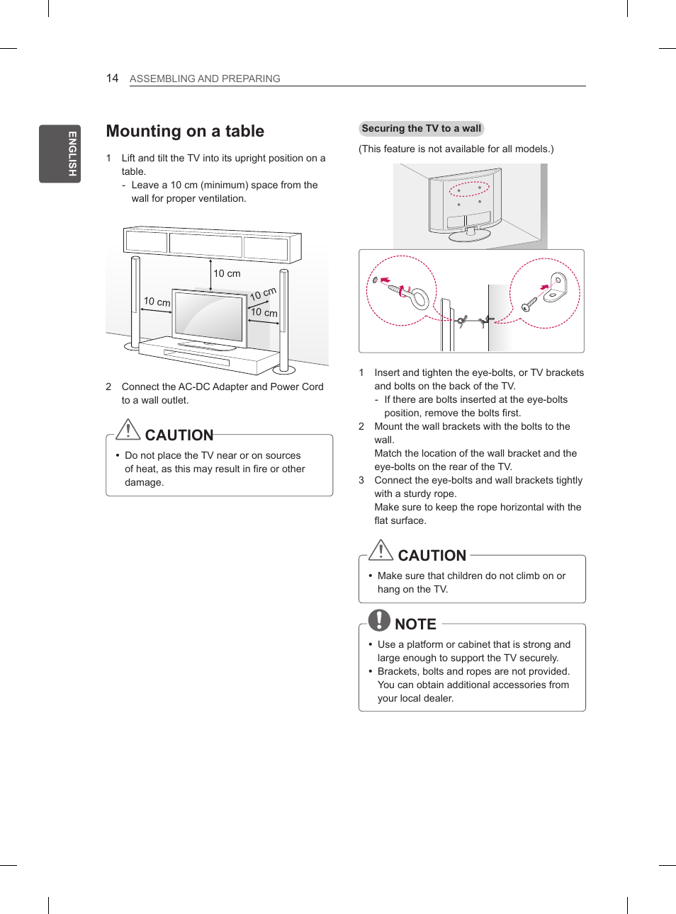 Mounting on a table, Caution | LG 26LN450B User Manual | Page 21 / 223