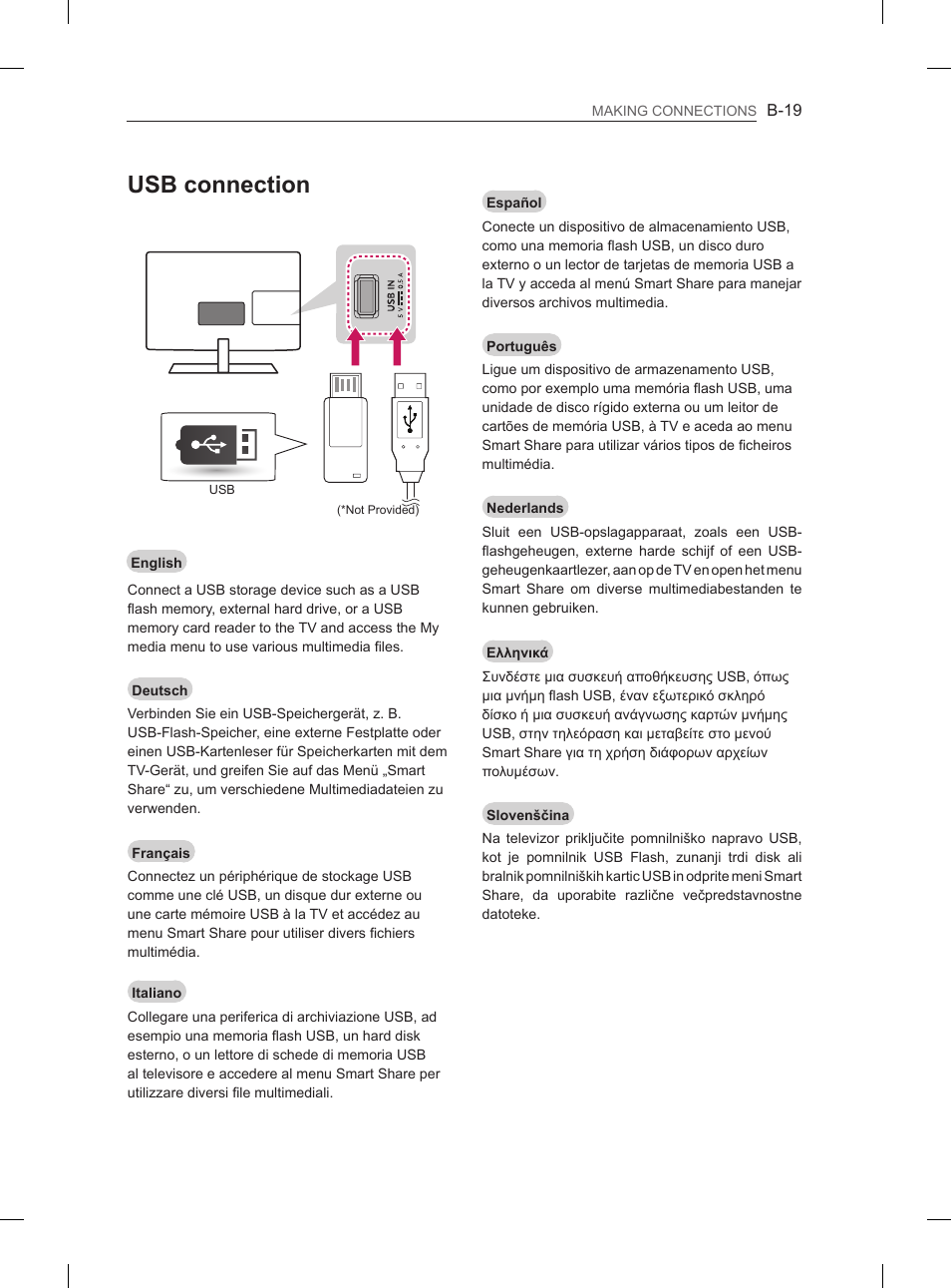 Usb connection | LG 26LN450B User Manual | Page 210 / 223