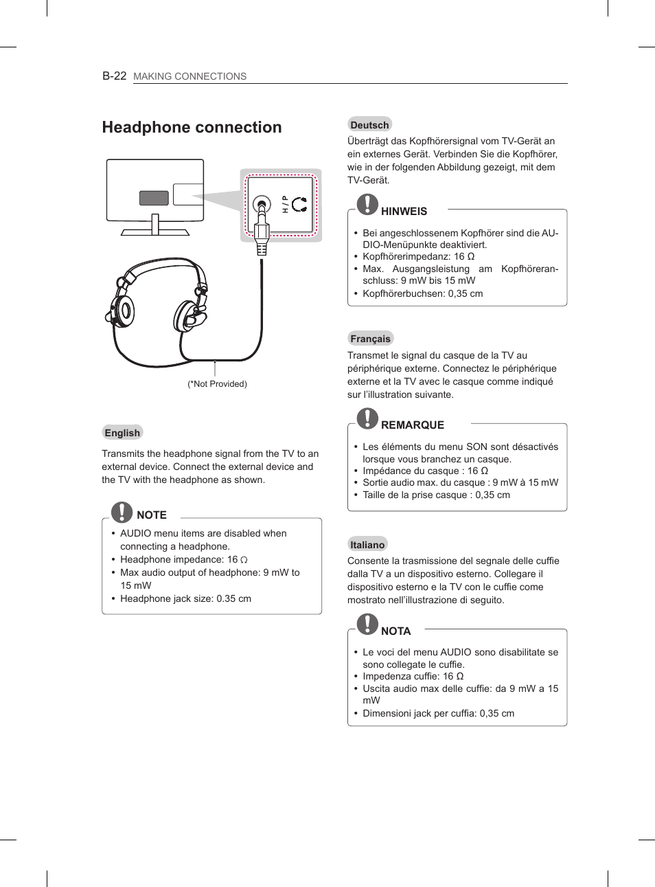 Headphone connection | LG 26LN450B User Manual | Page 213 / 223