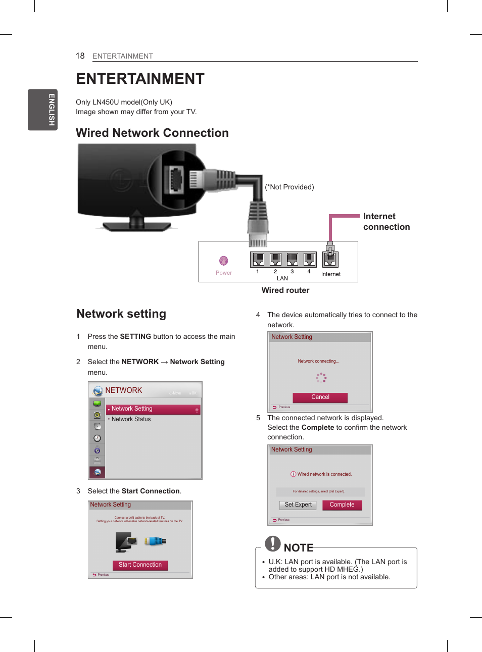 Entertainment, Network setting, Wired network connection | Internet connection | LG 26LN450B User Manual | Page 25 / 223