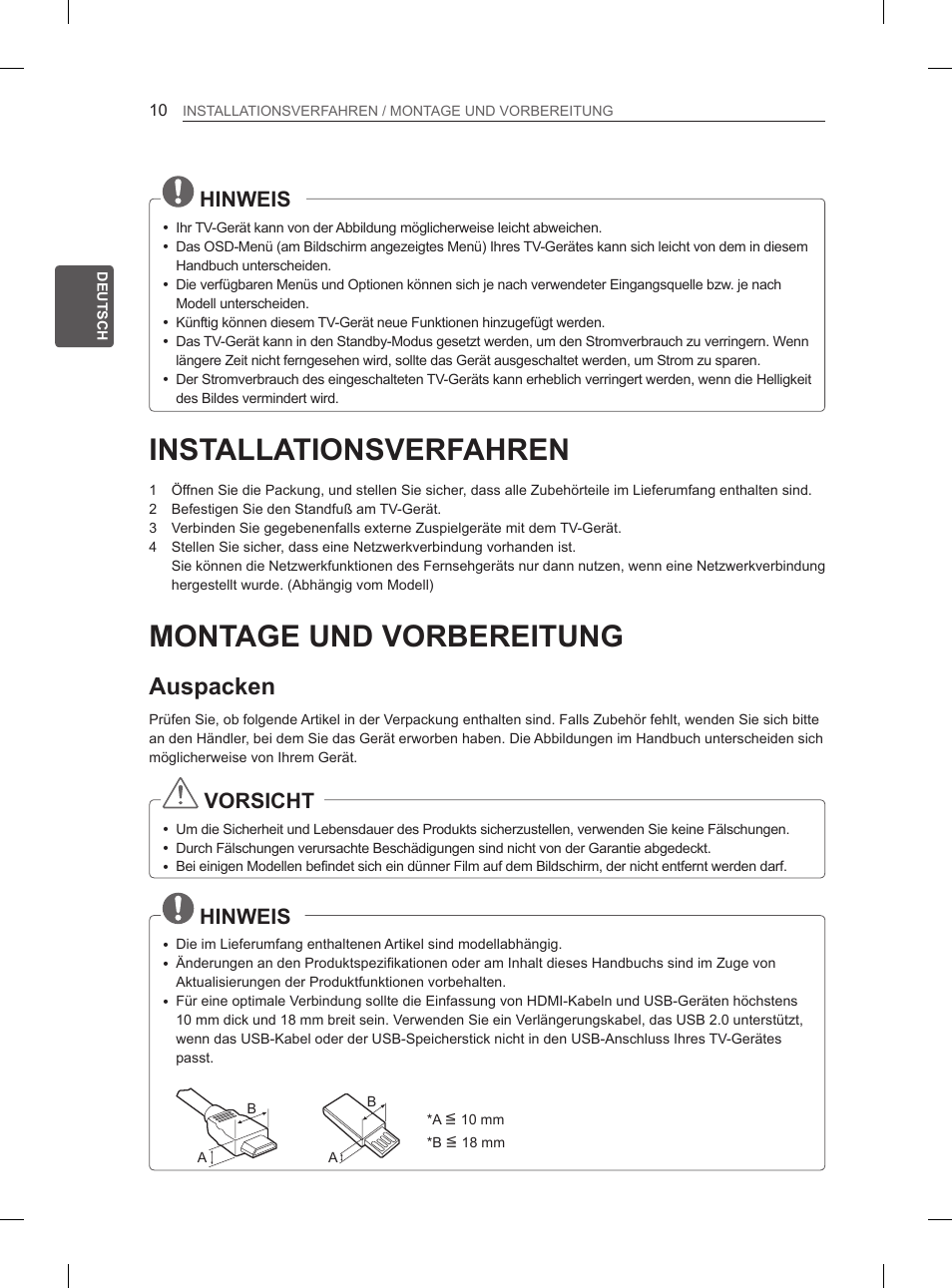 Installationsverfahren, Montage und vorbereitung, Auspacken | Hinweis, Vorsicht | LG 26LN450B User Manual | Page 37 / 223