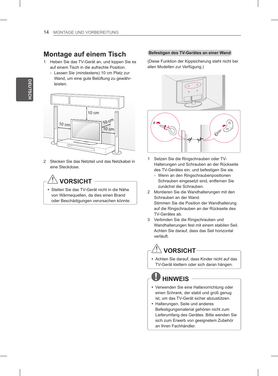 Montage auf einem tisch, Vorsicht, Hinweis | LG 26LN450B User Manual | Page 41 / 223