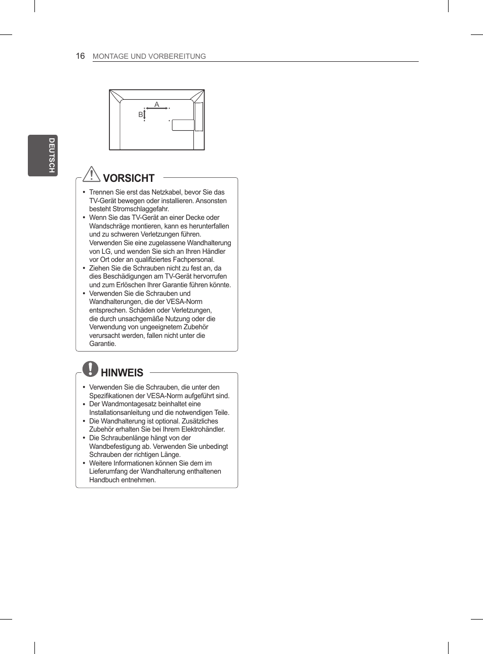 Vorsicht, Hinweis | LG 26LN450B User Manual | Page 43 / 223