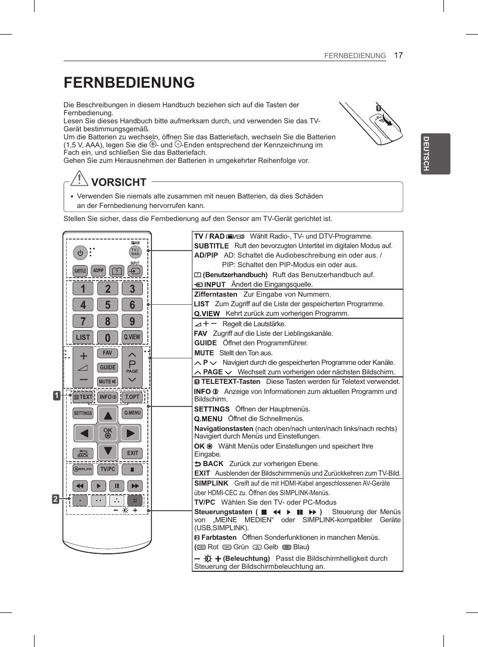 Fernbedienung, Vorsicht | LG 26LN450B User Manual | Page 44 / 223