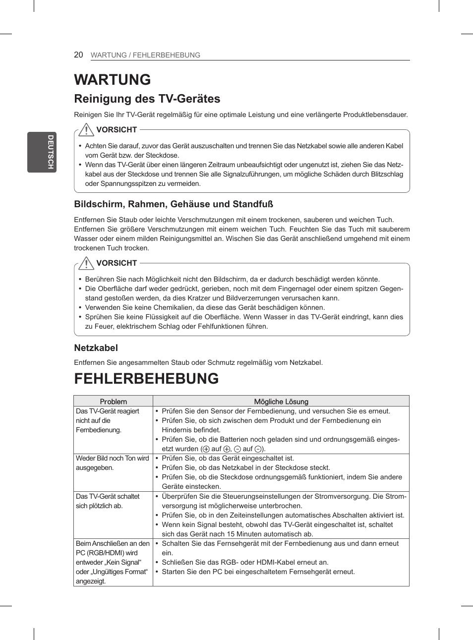 Fehlerbehebung, Wartung, Reinigung des tv-gerätes | LG 26LN450B User Manual | Page 47 / 223