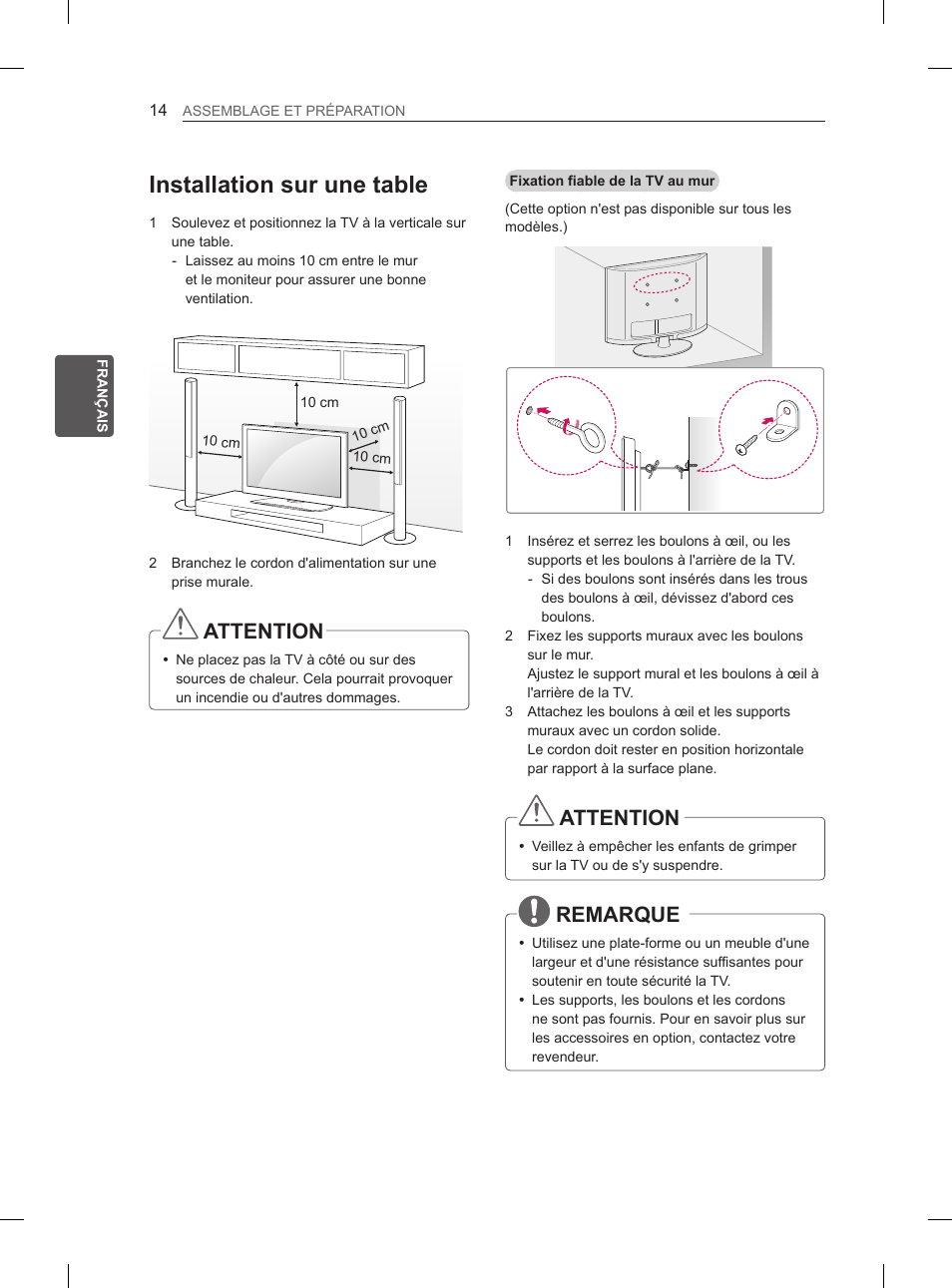 Installation sur une table, Attention, Remarque | LG 26LN450B User Manual | Page 61 / 223