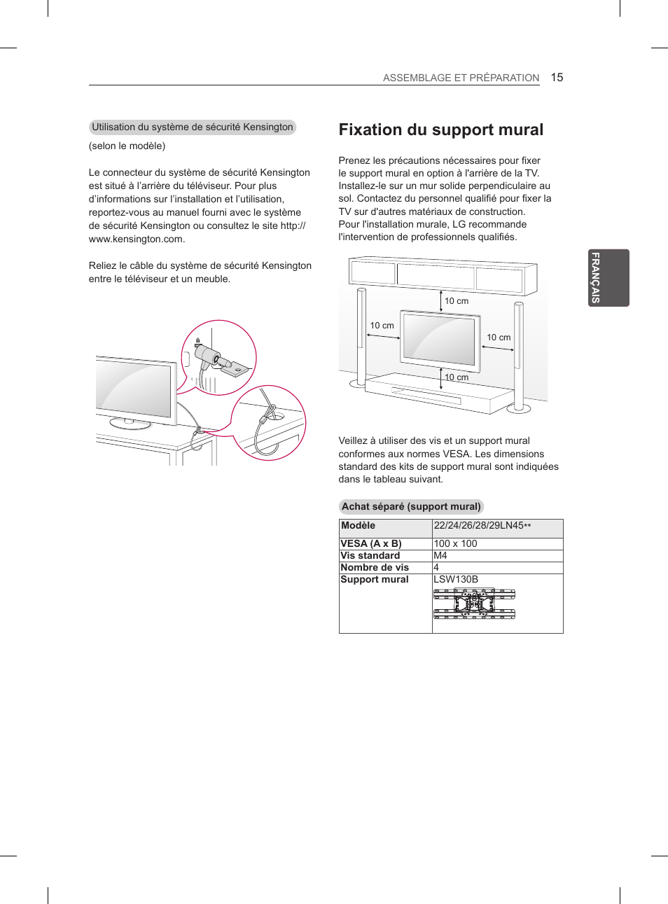 Fixation du support mural | LG 26LN450B User Manual | Page 62 / 223