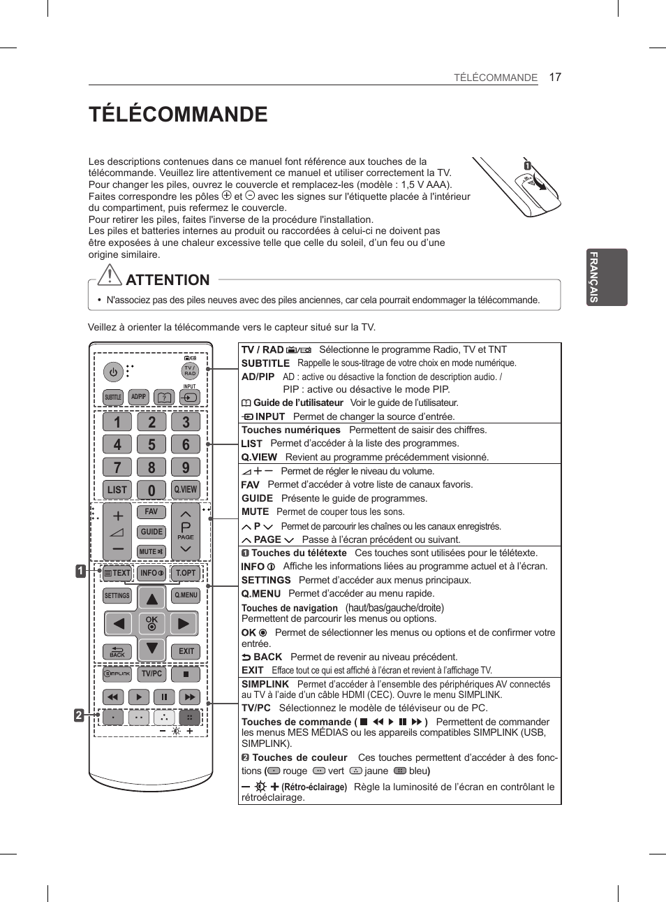 Télécommande, Attention | LG 26LN450B User Manual | Page 64 / 223