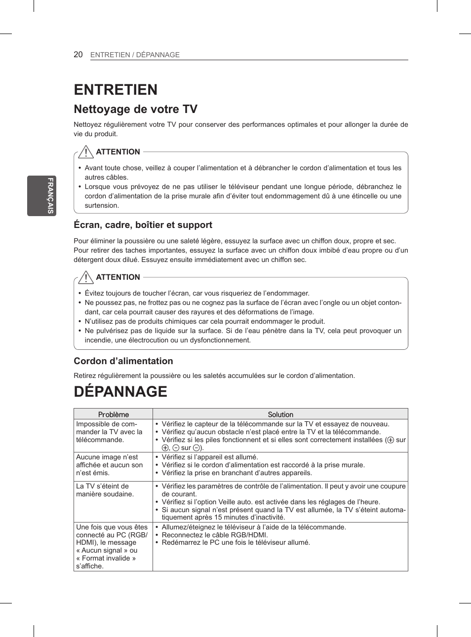 Dépannage, Entretien, Nettoyage de votre tv | LG 26LN450B User Manual | Page 67 / 223