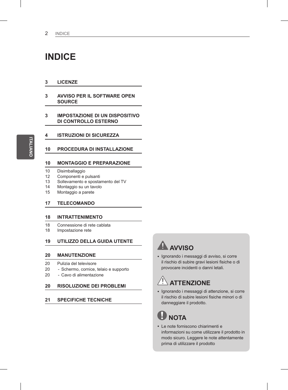 Indice, Avviso, Attenzione | Nota | LG 26LN450B User Manual | Page 69 / 223