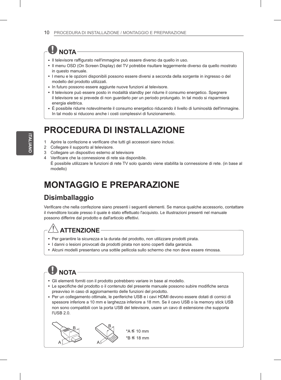 Procedura di installazione, Montaggio e preparazione, Disimballaggio | Nota, Attenzione | LG 26LN450B User Manual | Page 77 / 223