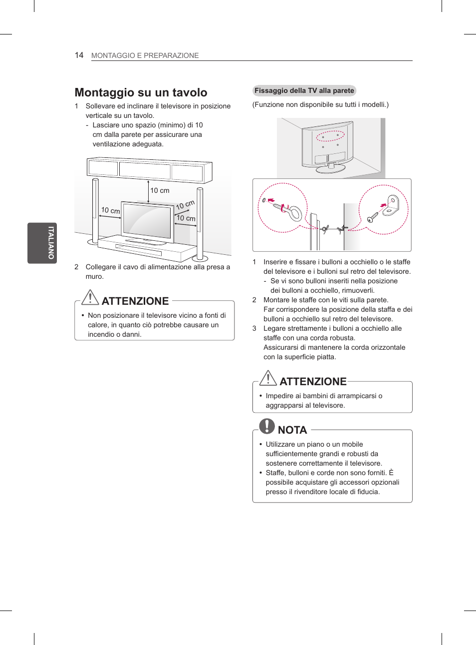 Montaggio su un tavolo, Attenzione, Nota | LG 26LN450B User Manual | Page 81 / 223