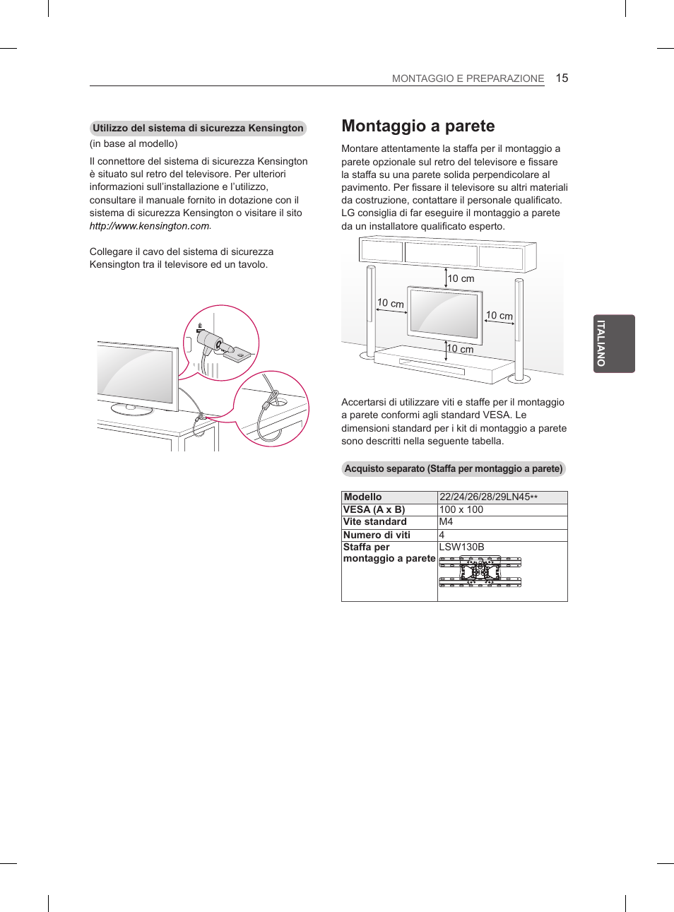 Montaggio a parete | LG 26LN450B User Manual | Page 82 / 223