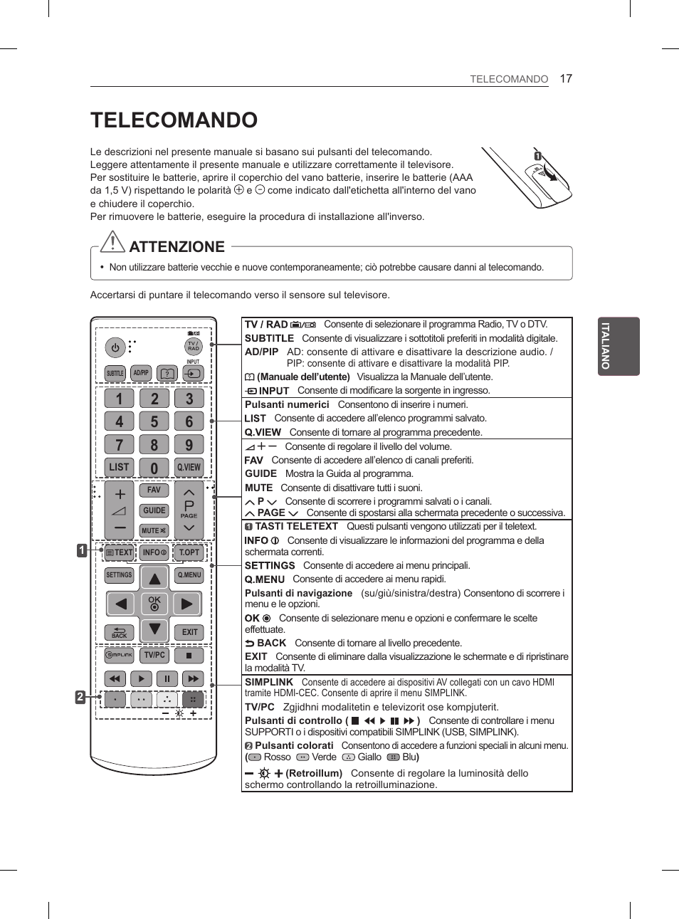 Telecomando, Attenzione | LG 26LN450B User Manual | Page 84 / 223