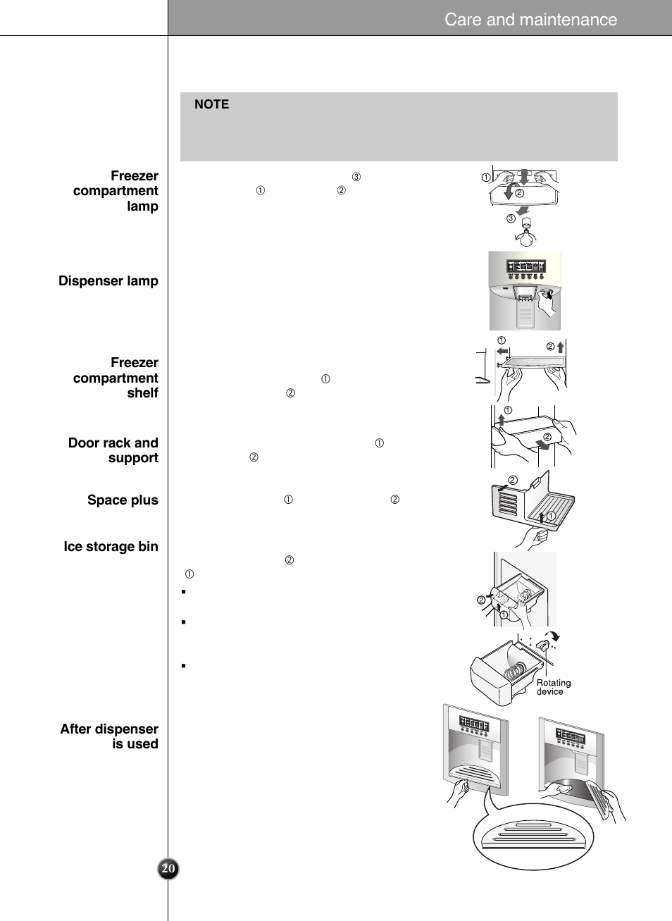 How to dismantle parts, Care and maintenance | LG GRL2060TQA User Manual | Page 20 / 82