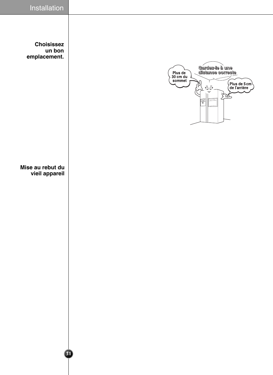 Où installer l'appareil, Installation | LG GRL2060TQA User Manual | Page 31 / 82