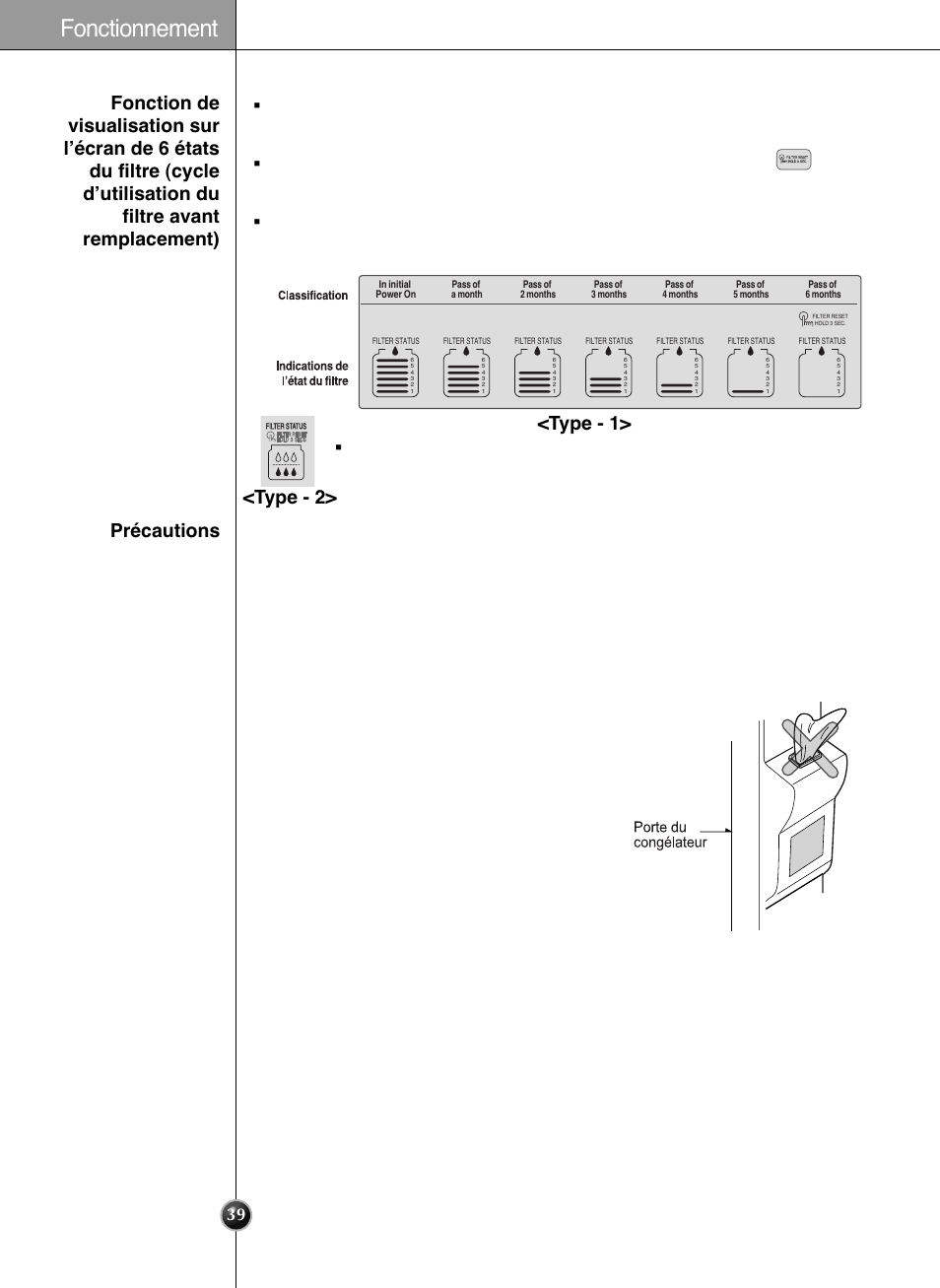 Fonctionnement, Précautions, Type - 1> <type - 2 | LG GRL2060TQA User Manual | Page 39 / 82