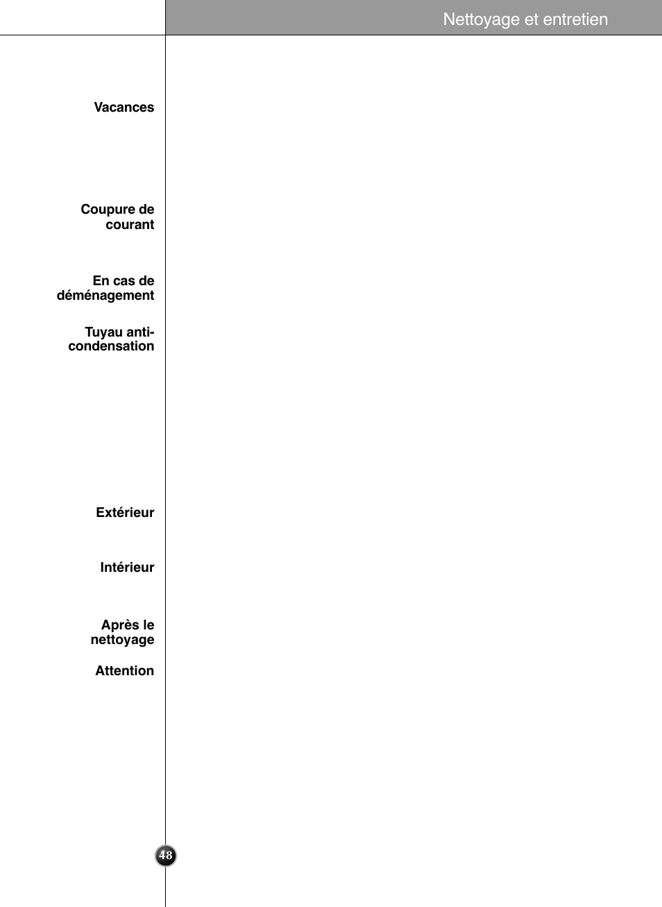Informations générales nettoyage, Nettoyage et entretien | LG GRL2060TQA User Manual | Page 48 / 82