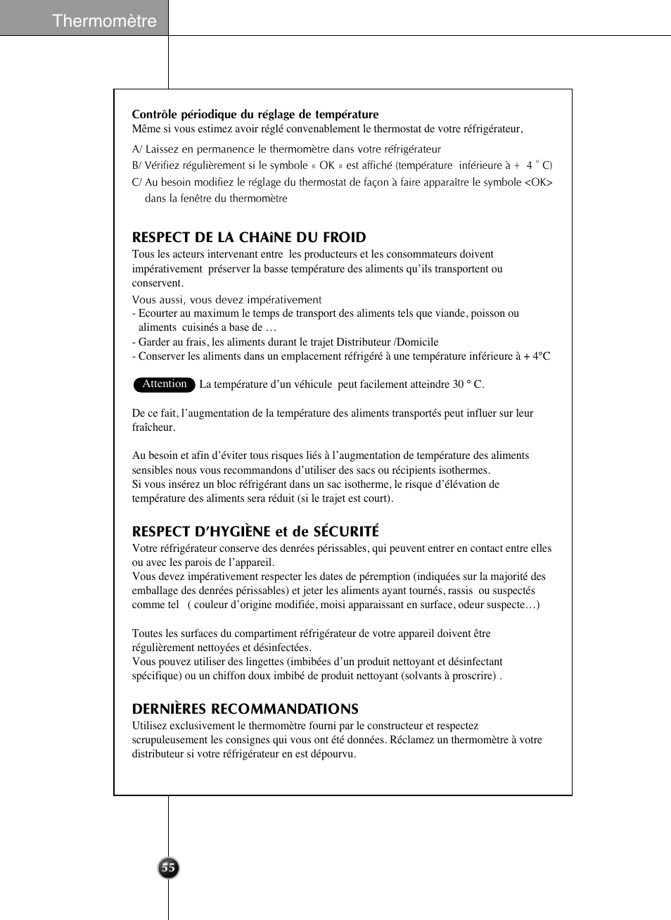 Thermomètre, Respect de la chaîne du froid, Respect d’hygiène et de sécurité | Dernières recommandations | LG GRL2060TQA User Manual | Page 55 / 82
