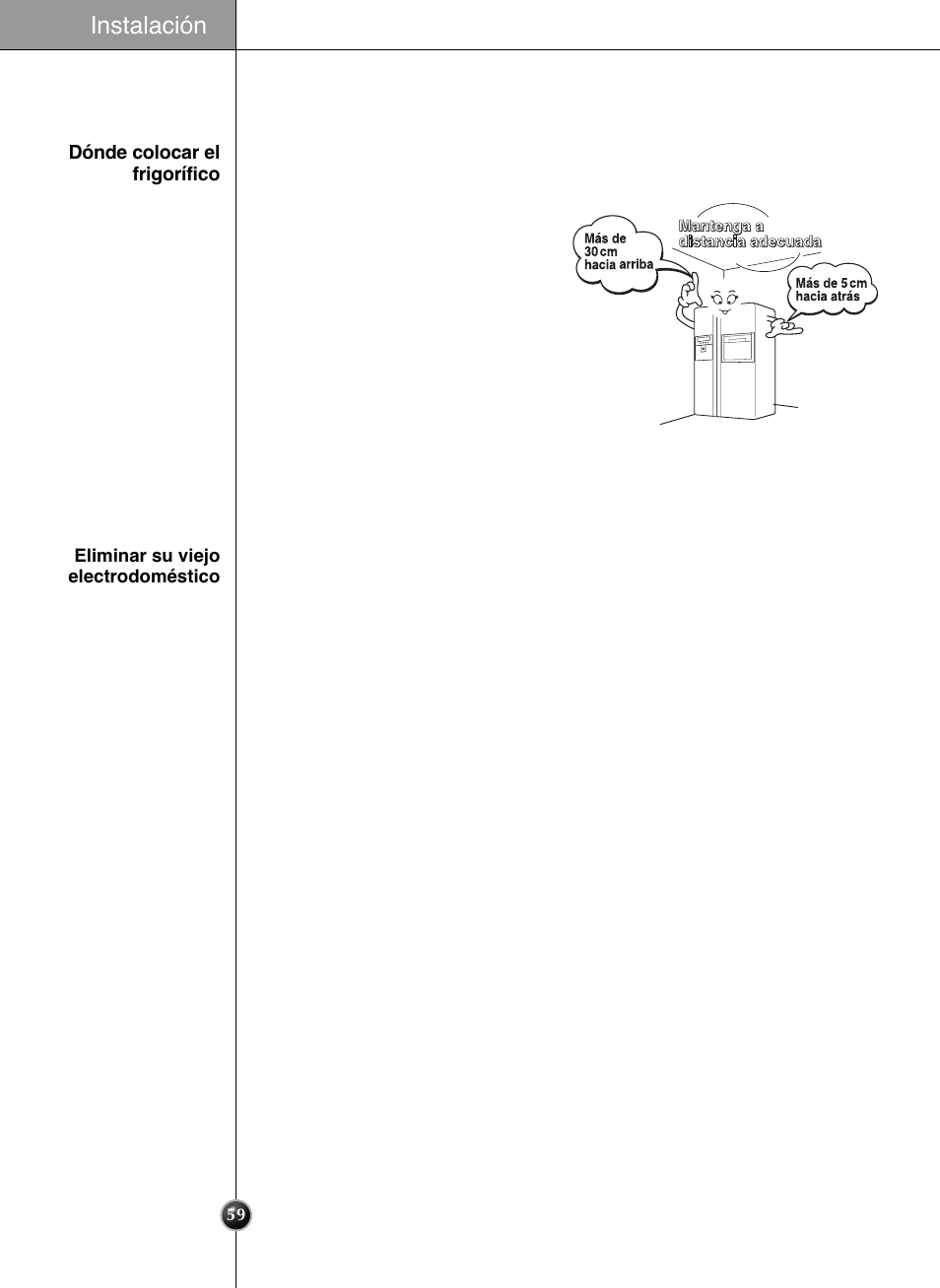 Seleccione una ubicación adecuada, Instalación | LG GRL2060TQA User Manual | Page 59 / 82