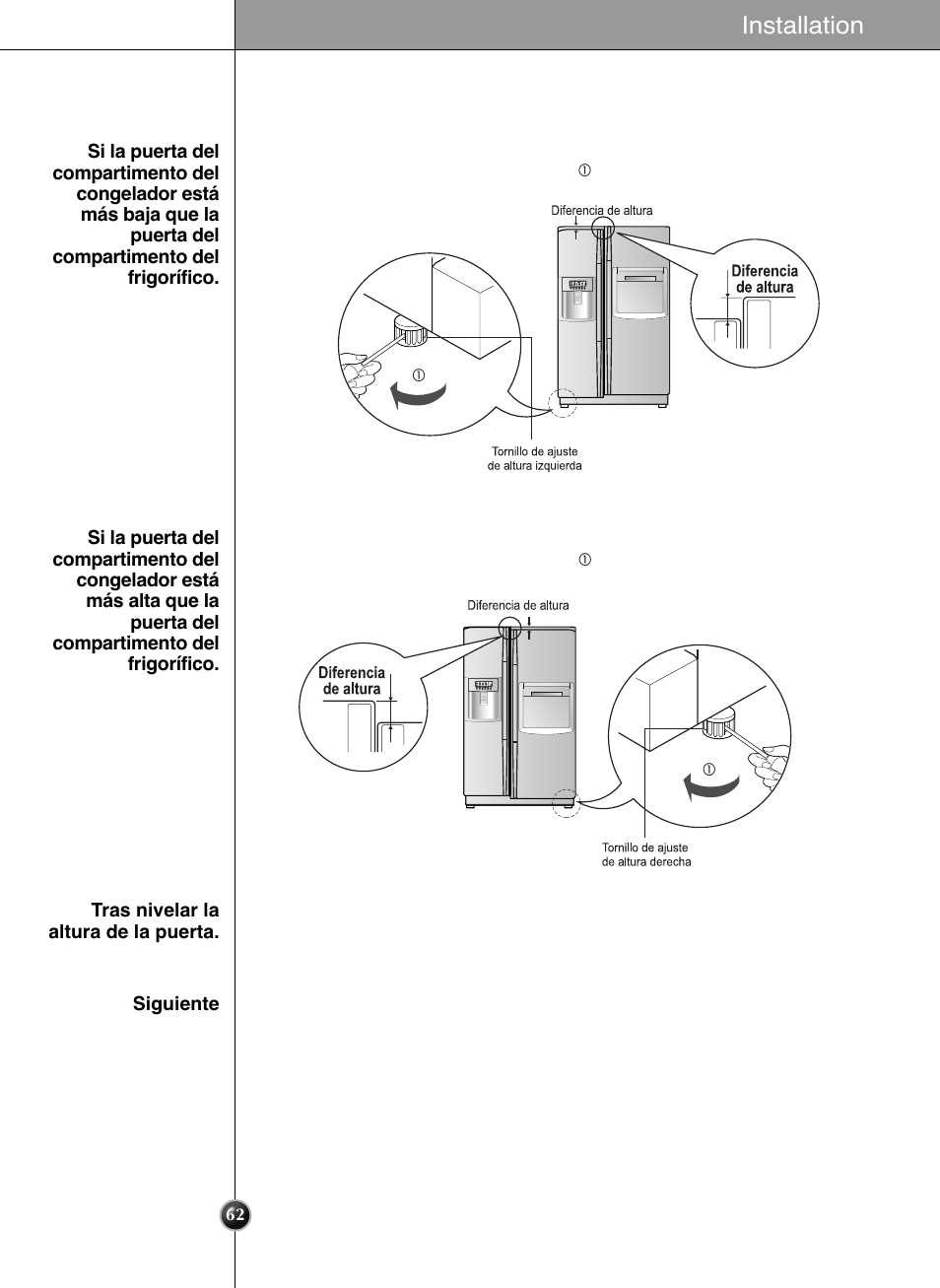 Instalación, Installation | LG GRL2060TQA User Manual | Page 62 / 82