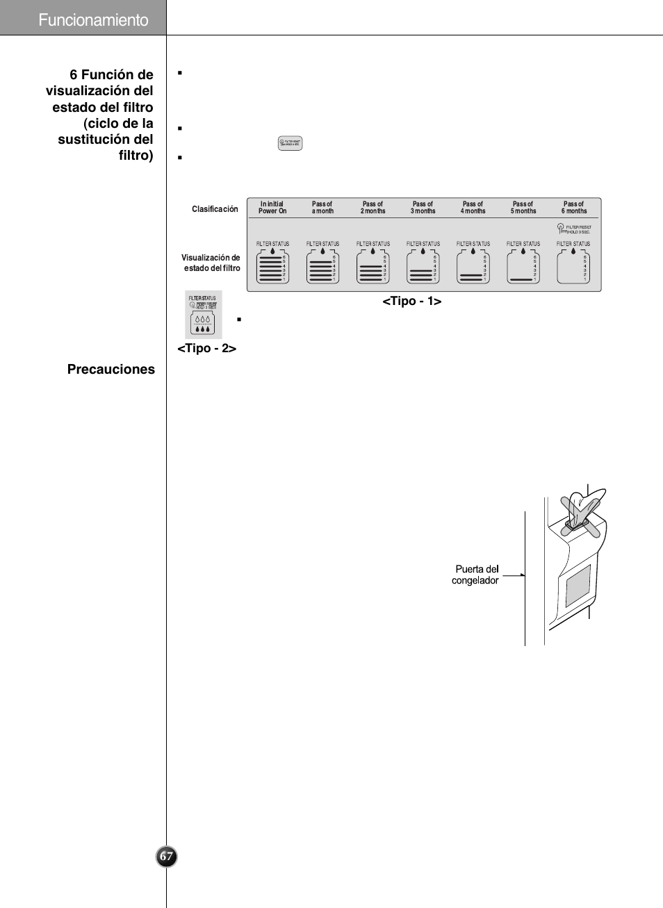 Funcionamiento, Precauciones, Tipo - 1> <tipo - 2 | LG GRL2060TQA User Manual | Page 67 / 82