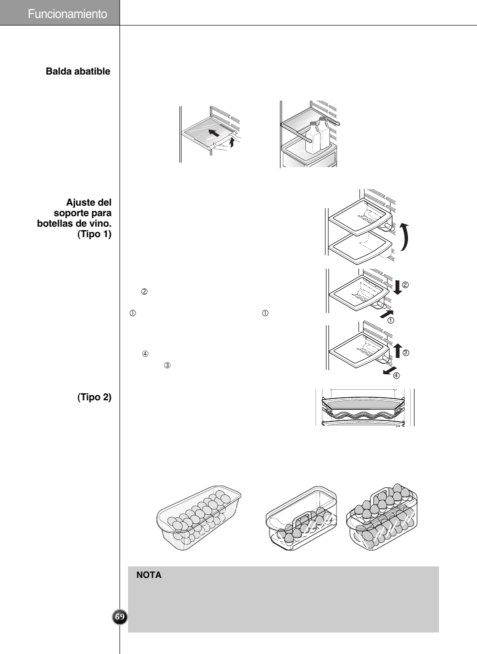 Baldas (aplicable sólo a algunos modelos), Funcionamiento | LG GRL2060TQA User Manual | Page 69 / 82