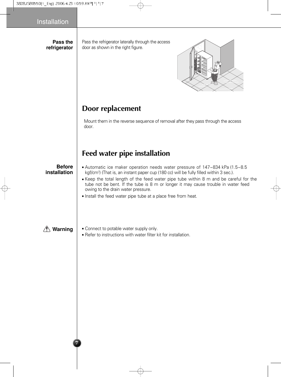 Door replacement feed water pipe installation, Installation | LG GRL2060TQA User Manual | Page 7 / 82