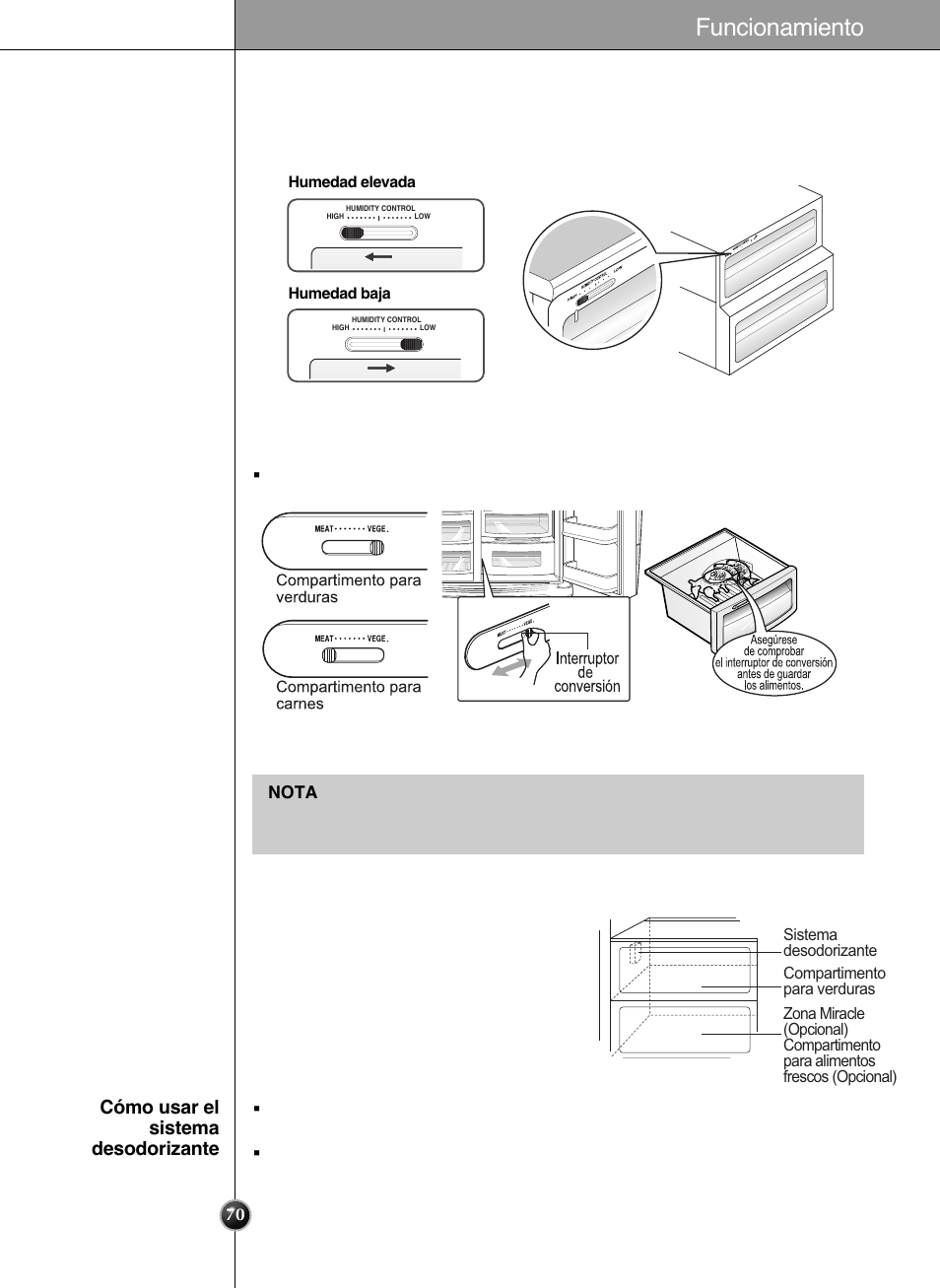 Desodorizante (aplicable sólo a algunos modelos), Funcionamiento, Cómo usar el sistema desodorizante | LG GRL2060TQA User Manual | Page 70 / 82