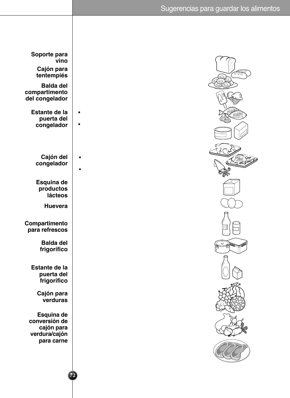 Ubicación de los alimentos, Sugerencias para guardar los alimentos | LG GRL2060TQA User Manual | Page 72 / 82